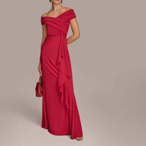 Donna Karen Elegant Red Off-Shoulder Evening Gown - Picture 2 of 9